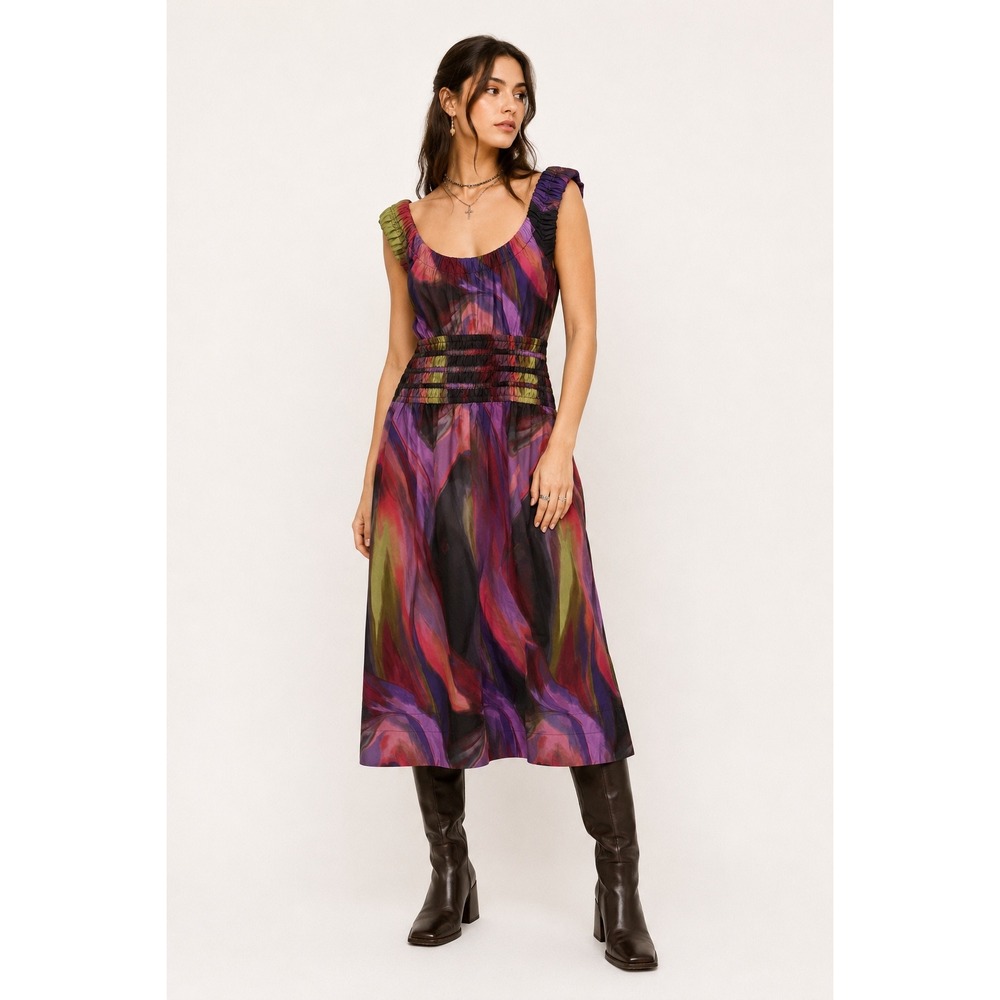 Nicole Miller New York Abstract Watercolor Smocked Waist Midi Dress Purple Large
